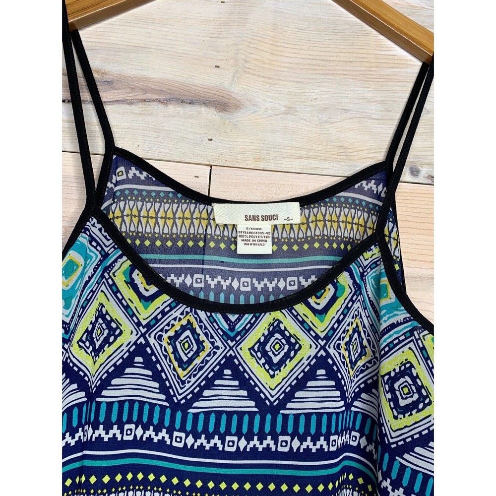 Blue and Neon Yellow Aztec Spaghetti Strap Tank Top - Picture 2 of 3